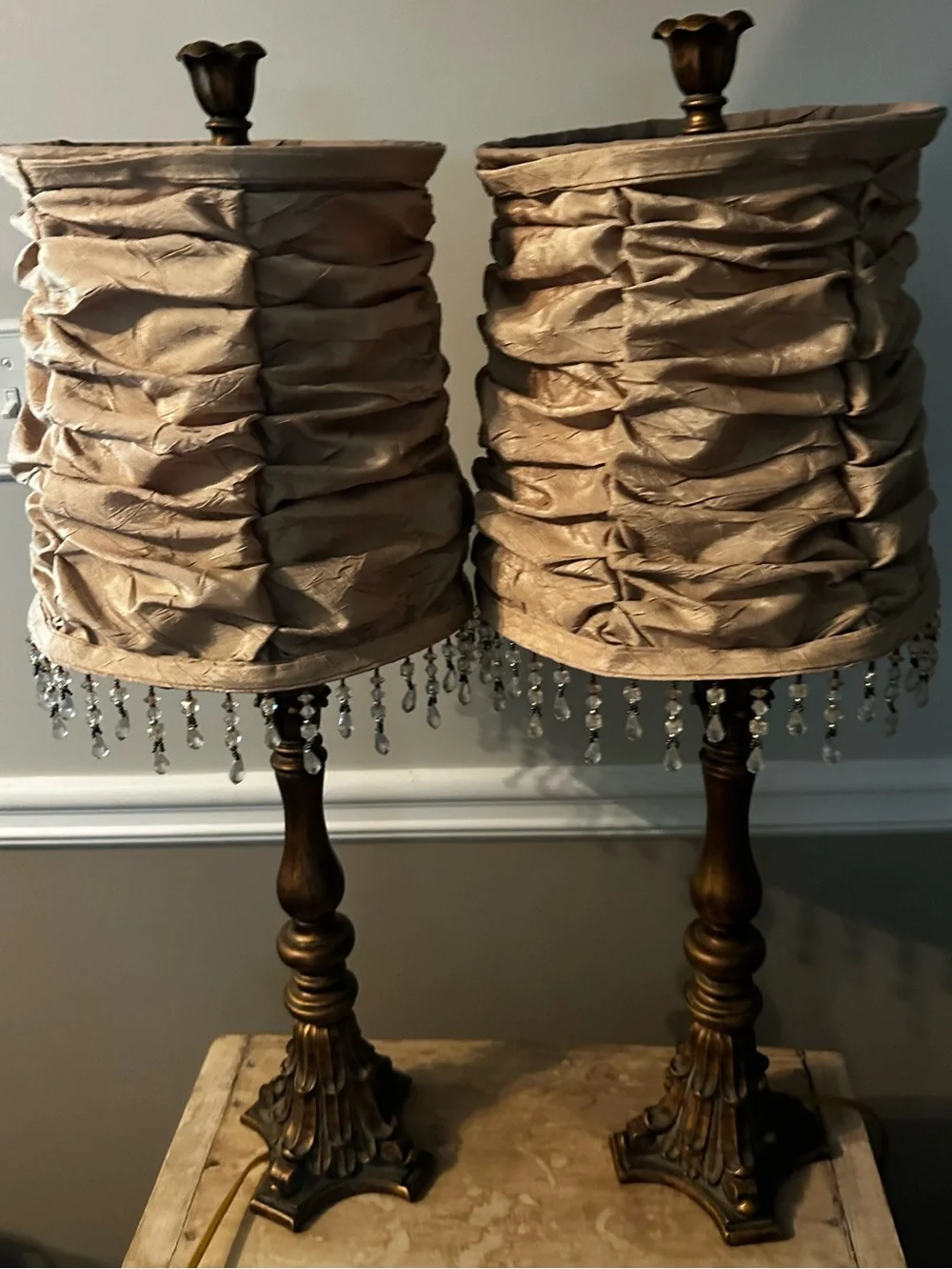 2 Elegant Ruffled Amber Table Lamp with Crystal Fringe - Home Accents